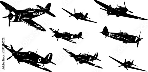 Silhouette illustration showcasing multiple fighter jets in various perspectives and orientations on white editable vector