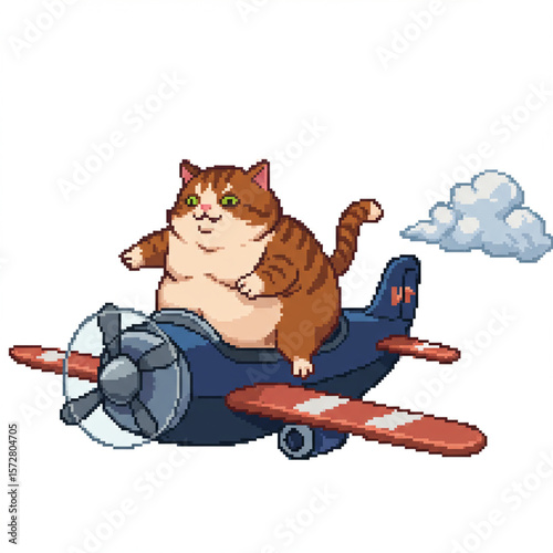 Whimsical Pixel Art: Flying Fat Cat in Airplane on White Background, High Detail. 