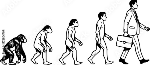 Evolution of man from ape to human using a laptop in black and white illustration showing progress 