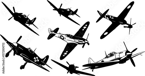 Silhouette illustration showcasing multiple fighter jets in various perspectives and orientations on white editable vector