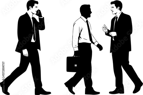 Silhouette of business people walking with briefcase and talking on the phone in a white background scene editable vector