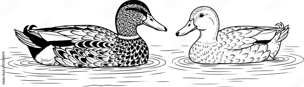 Fototapeta premium Two ducks swimming in water with one duck having detailed feathers in black and white illustration editable vector