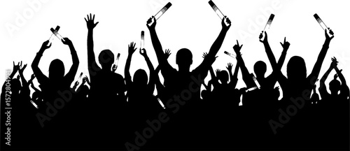 Silhouette of cheering crowd with raised arms and glow sticks at a concert or sporting event scene |eps vectors