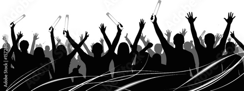 Silhouette of cheering crowd with raised arms and glow sticks at a concert or sporting event scene |eps vectors