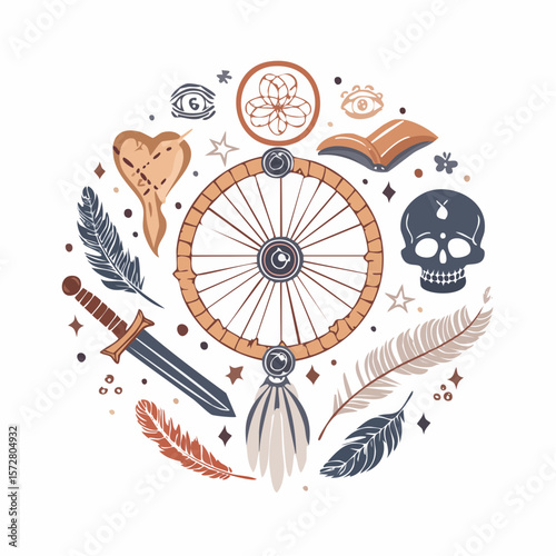 Alchemy witchcraft set with hand drawn vintage elements. Magic shop and fairy tale vector illustration of insect potion skull snake scroll dream catcher dagger. Celestial and astronomy boho ...