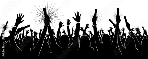 Silhouette of cheering crowd with raised arms and glow sticks at a concert or sporting event scene |eps vectors