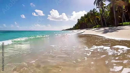 Tropical summer vacation paradise with palm trees, sandy beach, and clear ocean water under a sunny sky