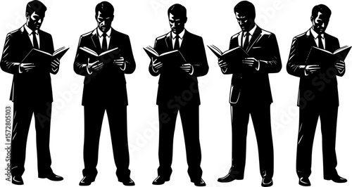 Silhouettes of five men in suits standing and holding open books or documents in their hands reading them editable vector 