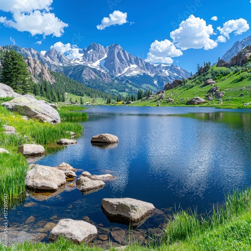 A breathtaking panoramic view of Haviland Lake showcases its crystal-clear waters reflecting the majestic snow-capped mountains under a vibrant sunny sky, surrounded by lush green