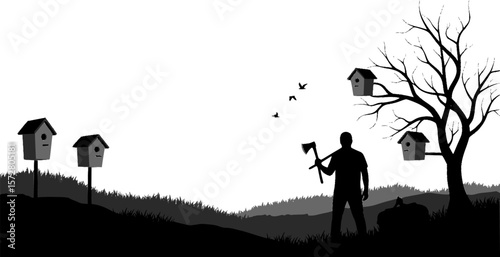 Silhouette of a farmer tilling the land with family near a tree in a rural landscape setting scene