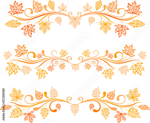 Autumn ornate leaves. Ornamental design elements. Horizontal dividers