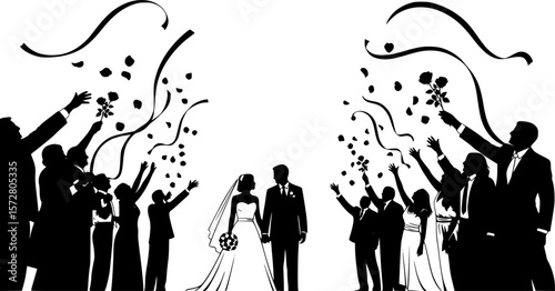 Silhouette of a bride and groom celebrating their wedding with a crowd throwing flower petals at them