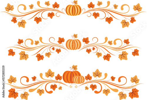 Pumpkin with ornate leaves. Ornamental design elements. Horizontal divider