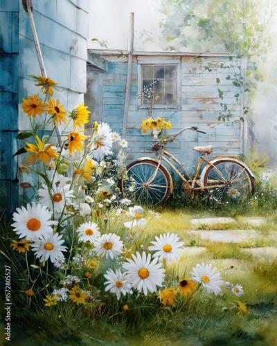 Watercolor painting of a vintage bicycle amidst a garden of daisies and yellow sunflowers near a wooden shed