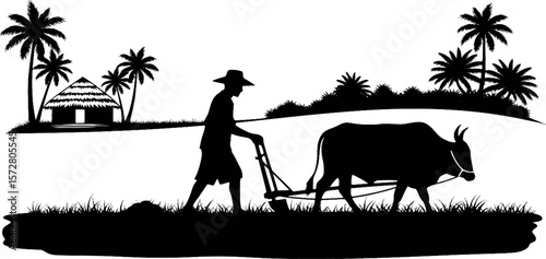 Silhouette of a farmer plowing a field with an ox near a hut and palm trees in black and white style 