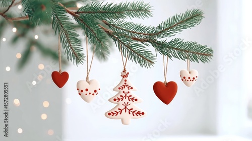Three decorative ornaments featuring heart and tree shapes hanging on a green tree branch outdoors.