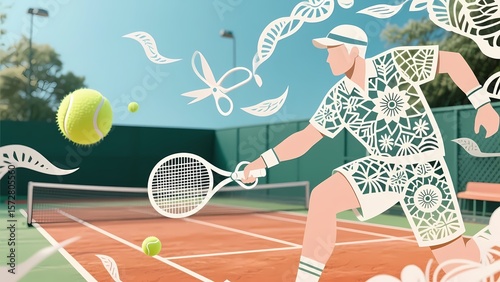 Paper - cut style illustration of a tennis player, showcasing artistic sports design.