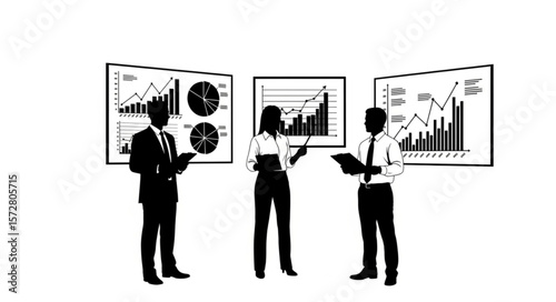 Silhouette of speaker presenting with audience clapping and a chart showing upward trend line graph