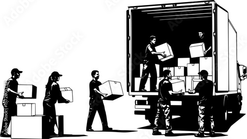 Silhouette of two movers loading boxes into a delivery truck for transportation and relocation service