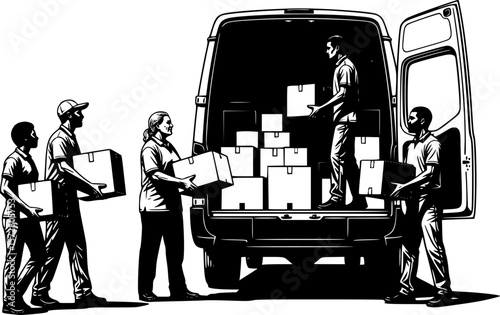 Silhouette of two movers loading boxes into a delivery truck for transportation and relocation service