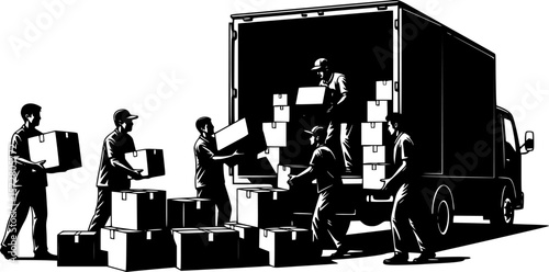 Silhouette of two movers loading boxes into a delivery truck for transportation and relocation service