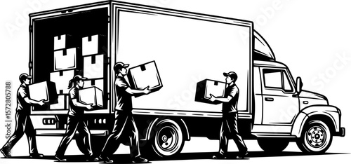 Silhouette of two movers loading boxes into a delivery truck for transportation and relocation service