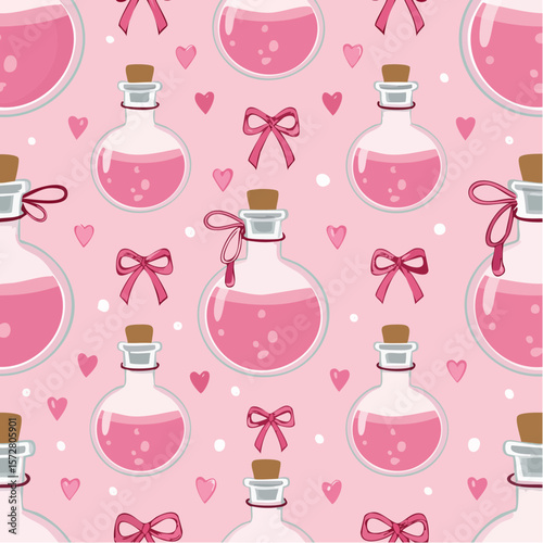 Seamless vector pattern with cute glass potion bottles with bows and ribbons. Coquette style magic love elixirs on pink background. Witchcraft and alchemy wallpaper, wrapping paper, ...