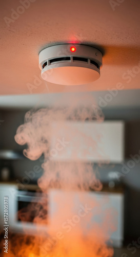 Kitchen fire alarm smoke detector sensor glowing red on ceiling set off by raising fumes, carbon monoxide CO early detection system modern home, emergency prevention device. Fire Safety Day, insurance