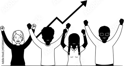 People celebrating success with raised arms under an upward arrow in a creative illustration

