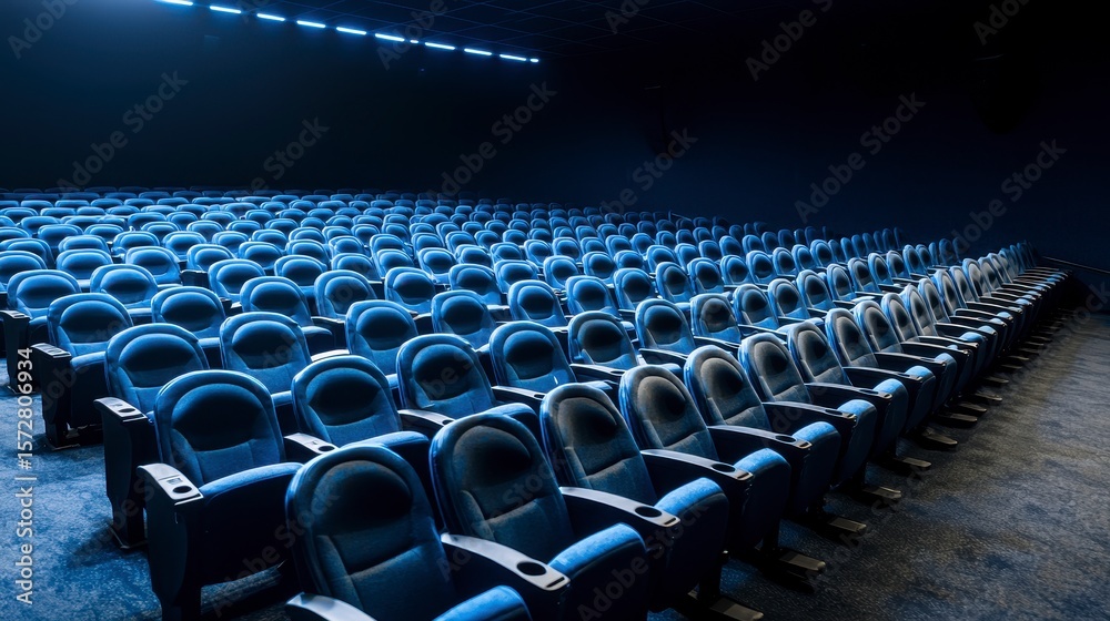 Obraz premium An empty blue cinema torium awaits its ence; rows of plush seats stretch into the dim, quiet darkness of the theater, promising an immersive cinematic experience.