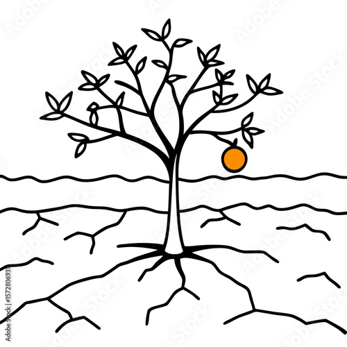 “A single orange tree heavy with fruit in the middle of a dry, cracked earth field under a deep blue sky — symbol of resilience.”

