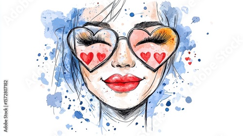A watercolor illustration of a smiling woman's face wea heart-shaped sunglasses with tiny hearts reflecting in the lenses conveying happiness and love perfectly expressing a