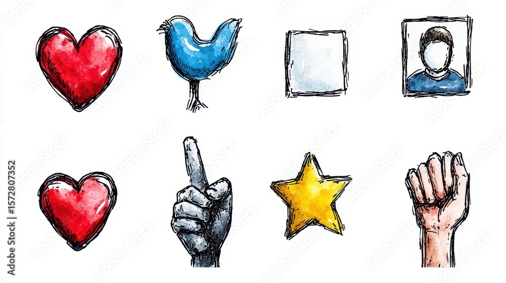 Fototapeta premium Hand-drawn social media icons depicting love, communication, approval, identity, and protest represent thought-provoking social issues and impactful online interactions perfectly