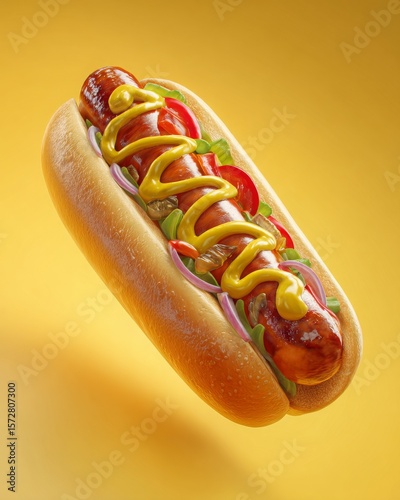 Fresh and tasty hotdog featuring mustard sauce, tomato ketchup, and fresh salad.