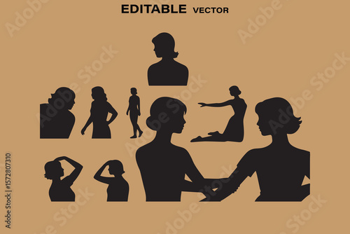 Collection of diverse female silhouettes in various poses and activities on a neutral background