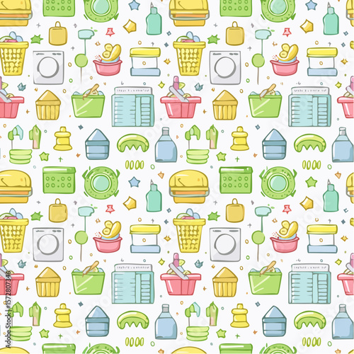 Seamless vector pattern with outline cleaning icons. Background with hand drawn house work elements. Laundry sketch texture. Home routine doodle ...