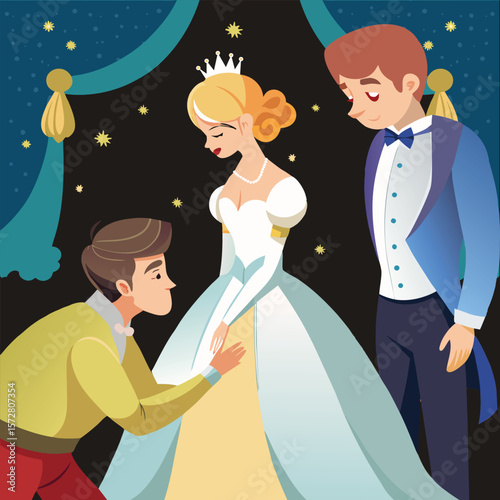 Princess with suitors crown white dress