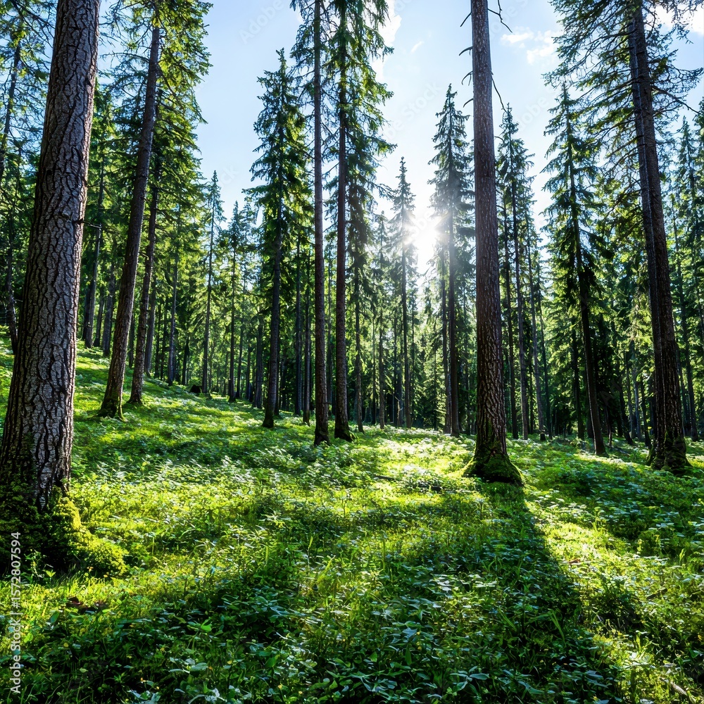 Obraz premium Sunlight streams through tall, majestic pine trees in a lush green forest, casting dd shadows on the vibrant undergrowth creating a serene and peaceful woodland scene.