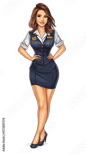Professional woman in stylish uniform standing confidently with hands on hips  