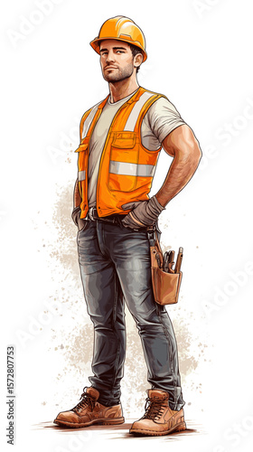 Construction worker standing confidently in safety gear with tools  