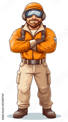 Cartoon pilot in orange jacket standing confidently with crossed arms  