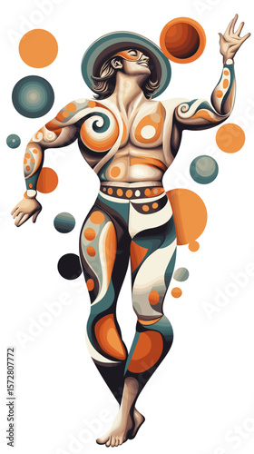 Stylized man juggling colorful spheres in abstract design  