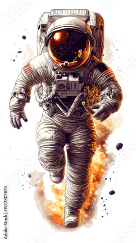 Astronaut running in space with fiery effects and cosmic background  