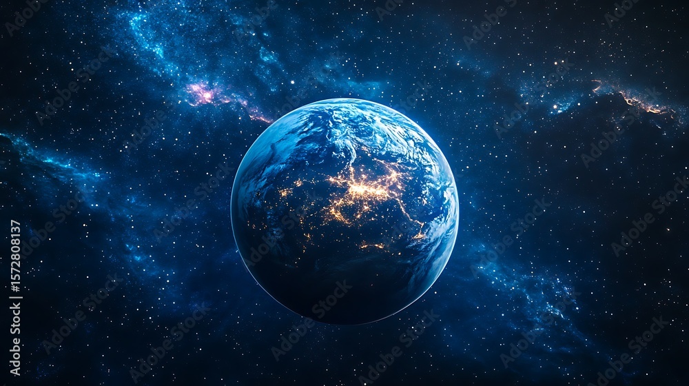 Fototapeta premium Glowing Earth with city lights visible from deep space, surrounded by cosmic nebula and stars.