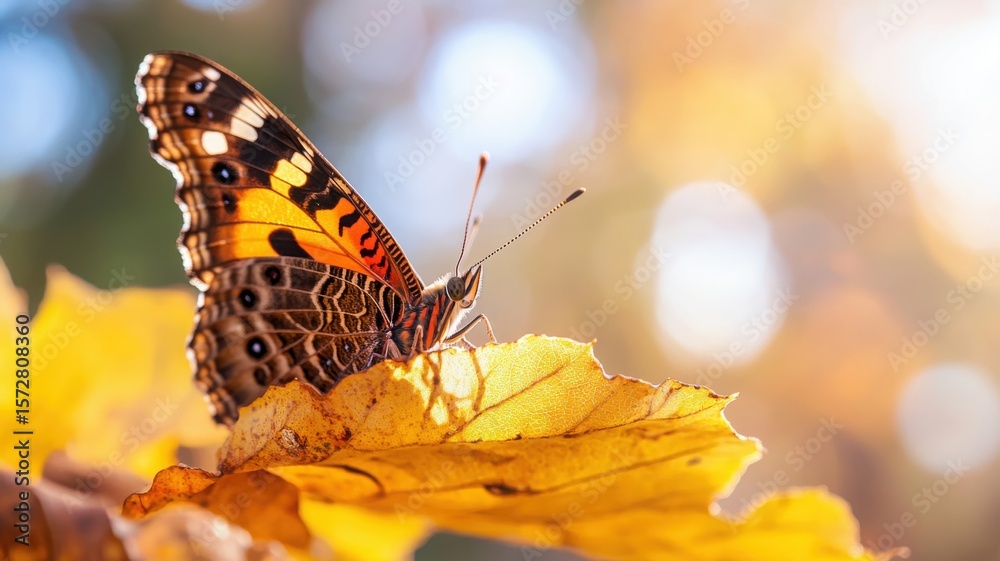 Obraz premium Butterfly with deep brown and orange wings perched on a yellowing oak leaf with a blurred forest background