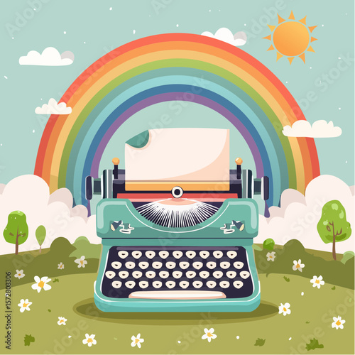 Groovy typewriter with rainbow. 70s, 80s, 90s vibes funky sticker. Retro writer equipment illustration. Vintage nostalgia element for card, poster design and ...