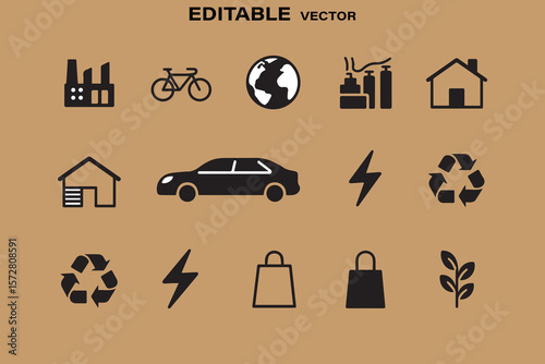 Collection of black flat icons representing eco friendly living transportation and industry on a brown background