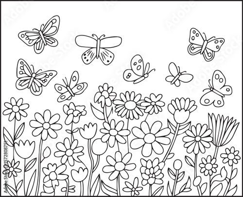 Adorable butterflies flying on flowers garden field outline vector illustration for kids coloring page or book design