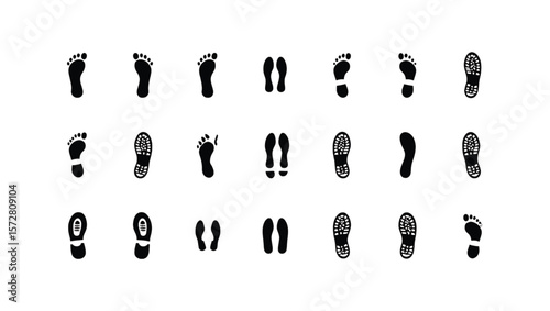 Black footprints and shoe prints on white background walking