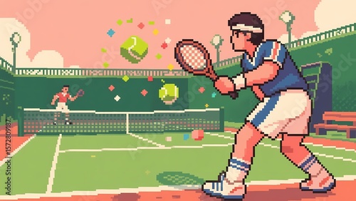 Pixel art of tennis players in a retro game, showcasing sports game design.